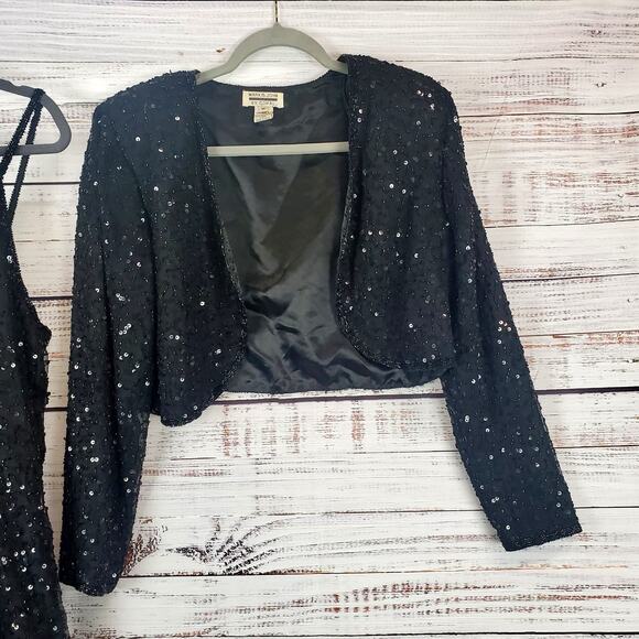 Vintage Formal Silk Black Sequin Beaded Dress Glam Event Gown Bolero Jacket Sz M - Picture 15 of 16